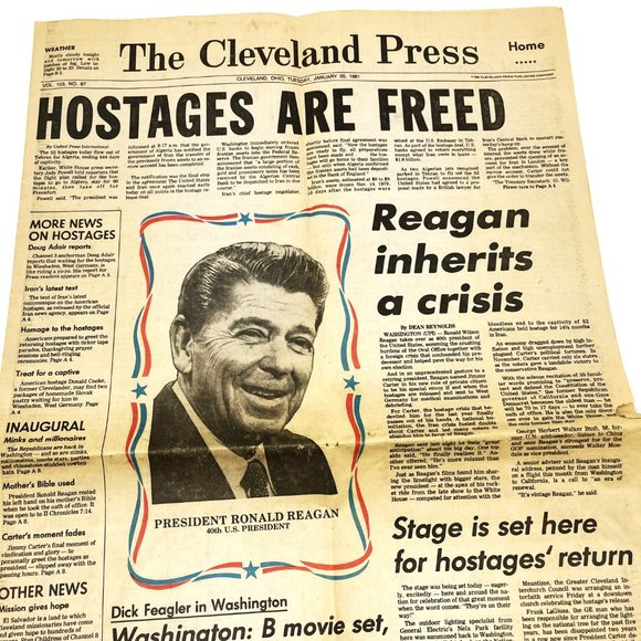Vtg Collectible 1981 Cleveland Press Ronald Reagan Hostages are Freed Newspaper - Picture 2 of 9